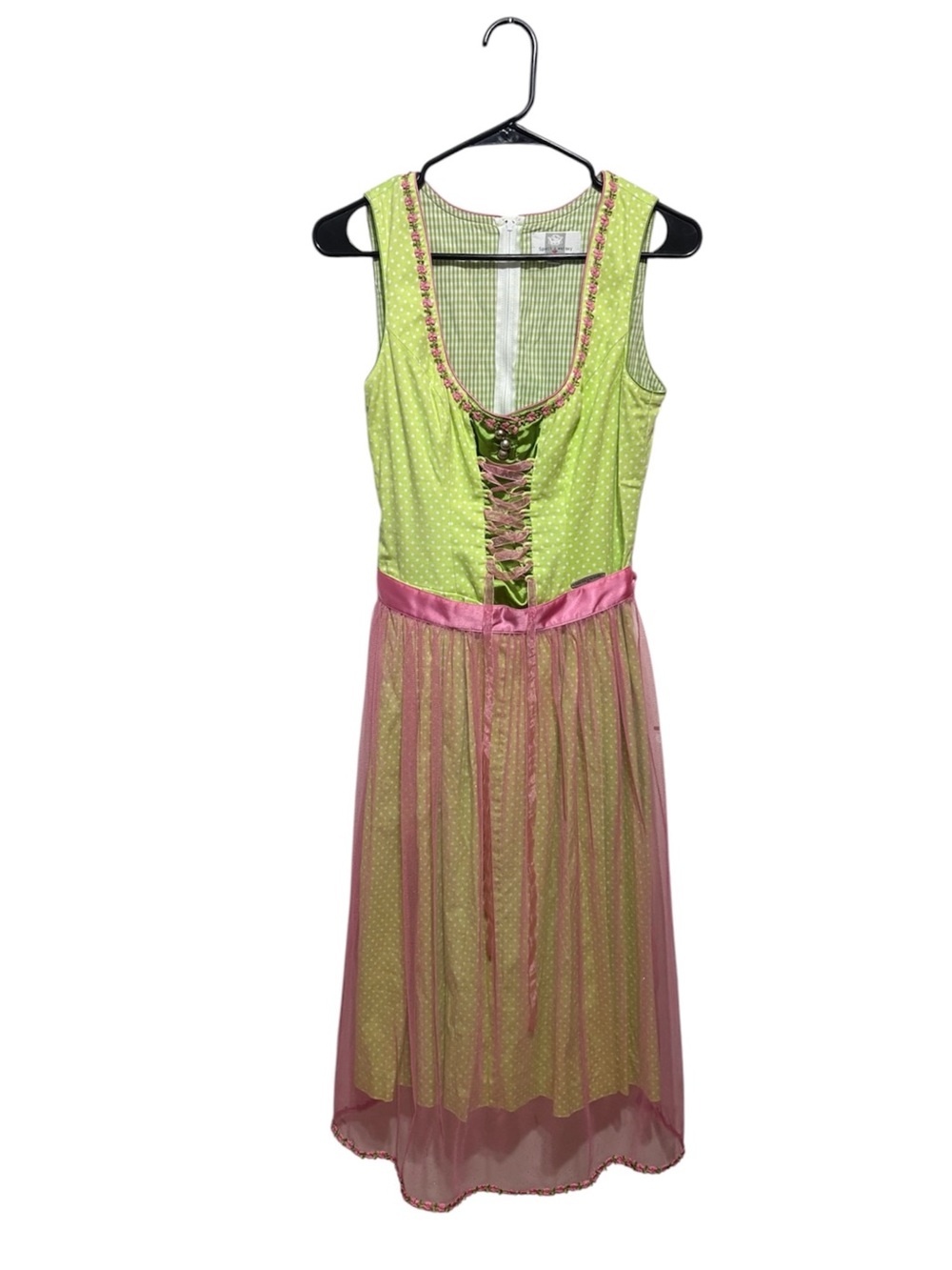 Spieth & Wensky Dirndl Green and Pink Midi Dress with Satin Waistband